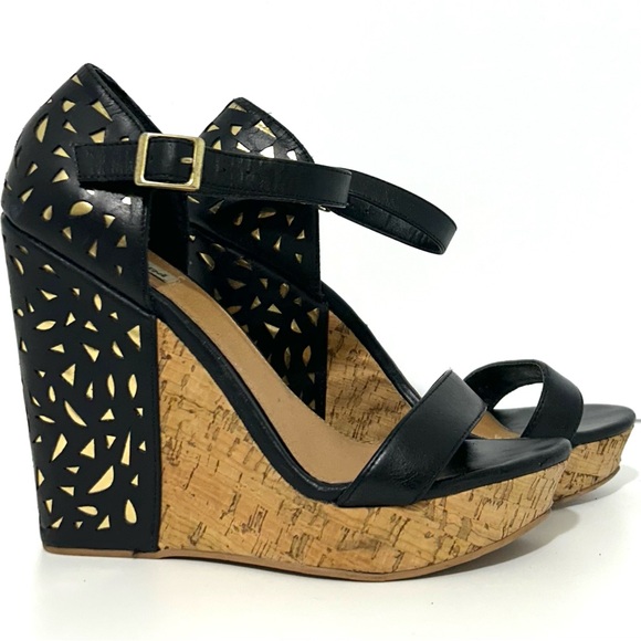 Not Rated Black Faux Cork Wedges Cut out Design with Gold Inlay and Ankl… - Picture 1 of 6